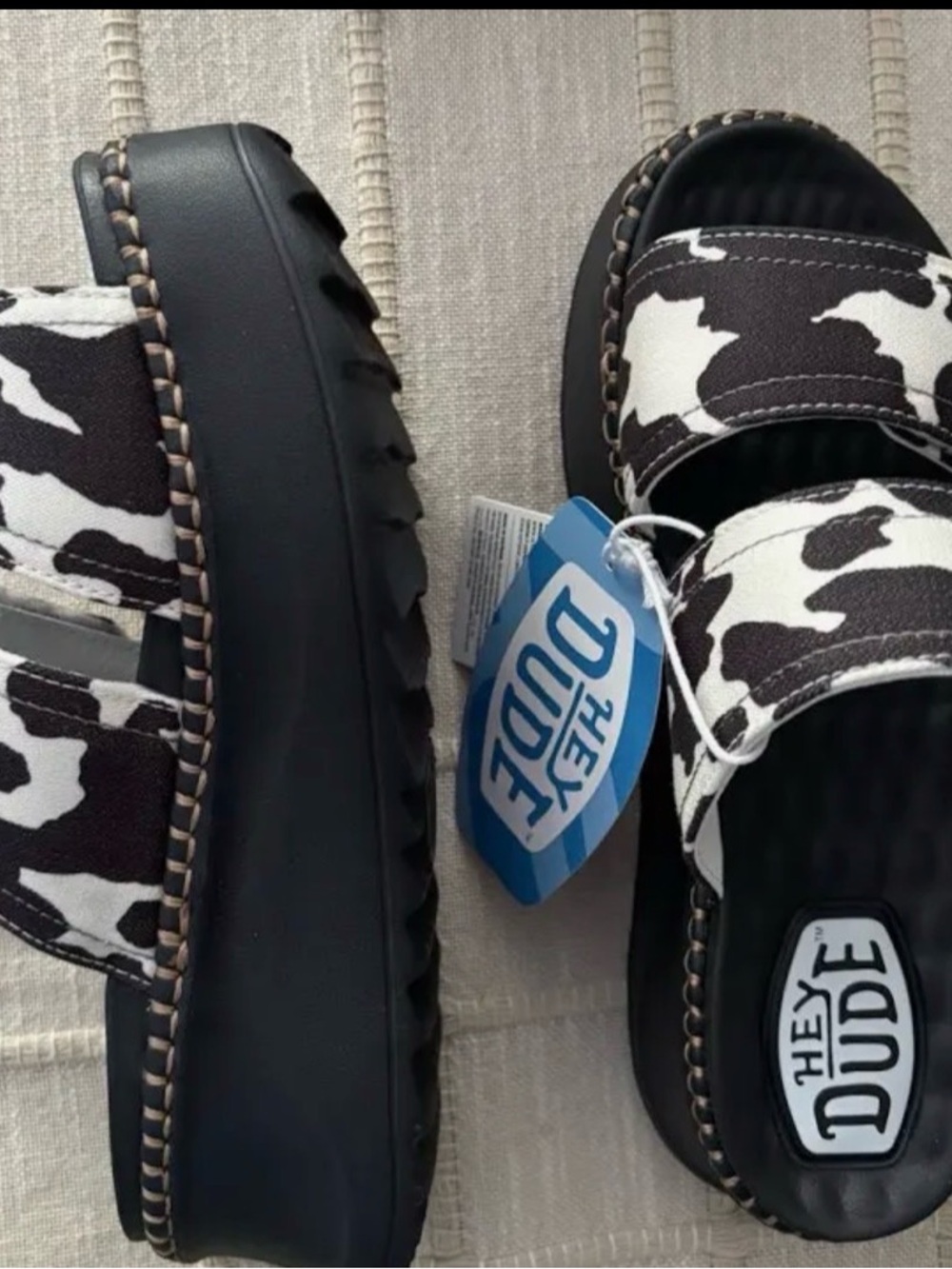 Hey Dude Kids Cow-Print Black and White Slide Sandals